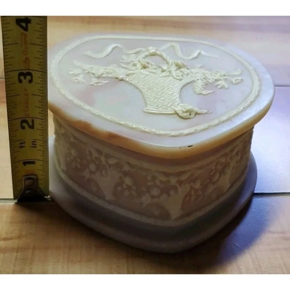 Genuine Incolay Stone Heart Shape Jewelry Trinket Box with Flower Basket Design